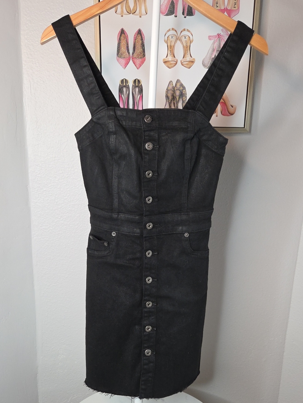 PISTOLA Black Denim Button Front Mini Dress XS Strappy Coated Jumper